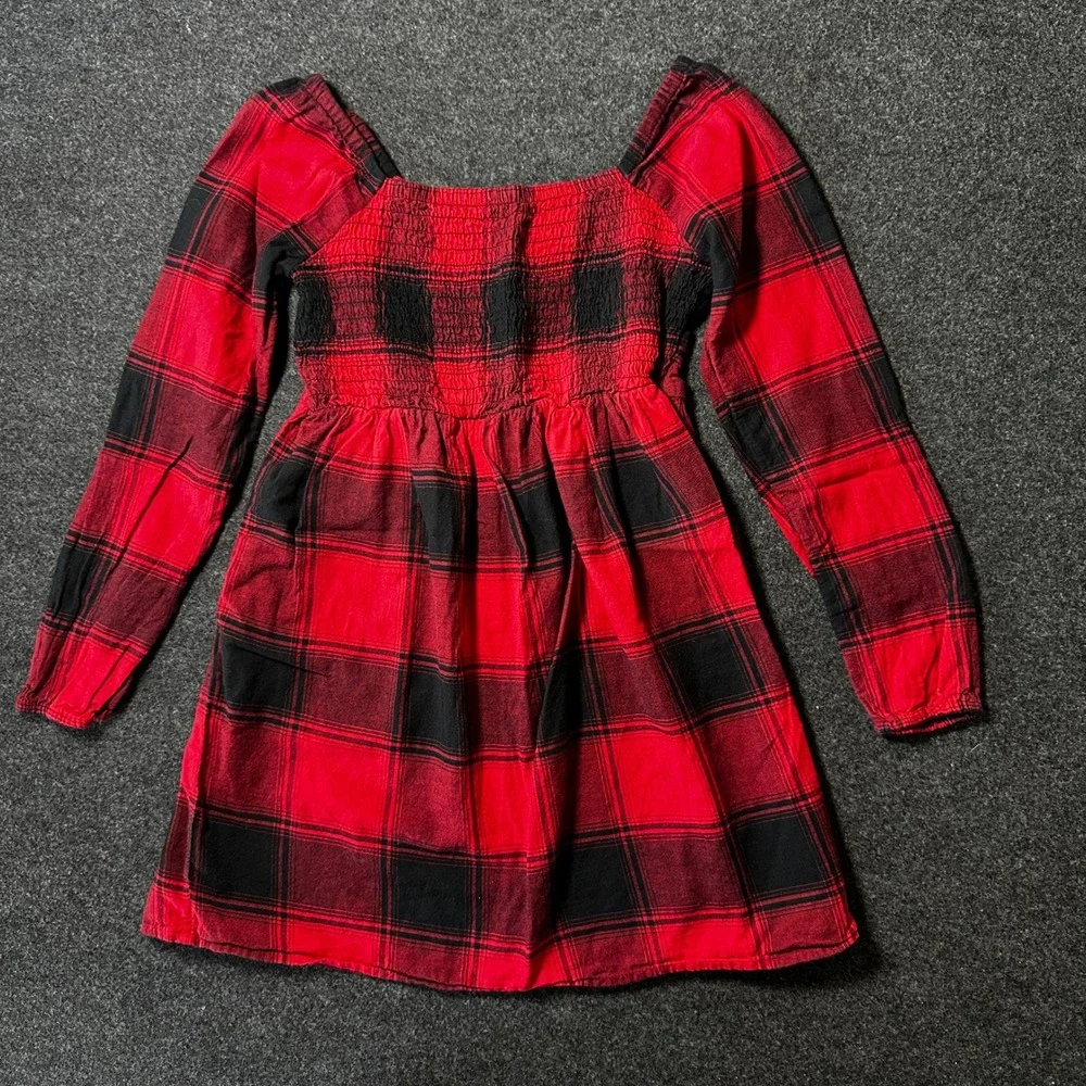 Gap Kids Girls Red Black Buffalo Plaid Smocked Dress Long Sleeve Size M 8-9